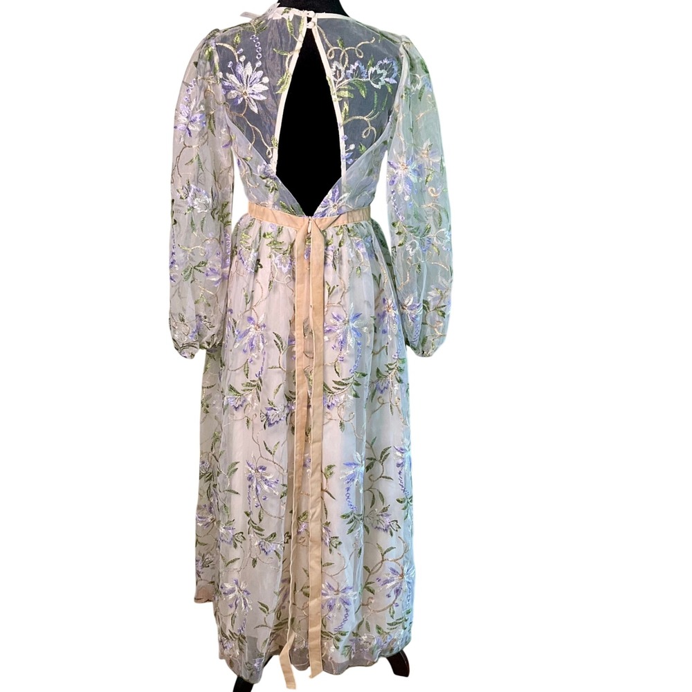 NWT Just Me Floral Embroidered Sheer Mesh Maxi Dress Small S Keyhole Cottagecore - Picture 6 of 16